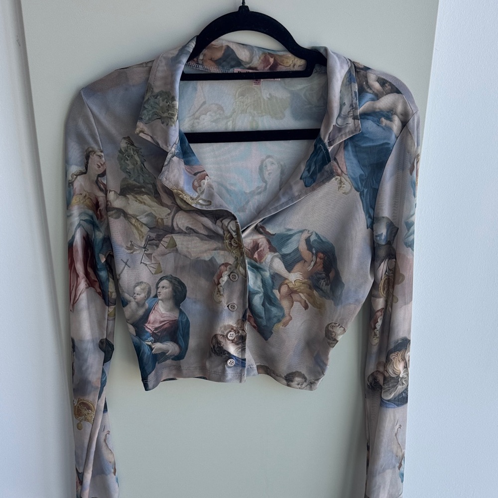 Mesh Printed Collared Button-Down Crop Shirt
